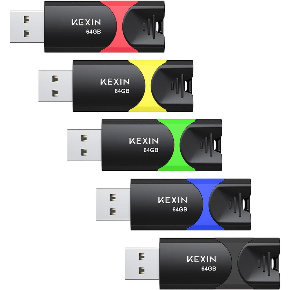KEXIN sixty-four gigabyte flash drive five pack showing front view of multi colored storage sticks.