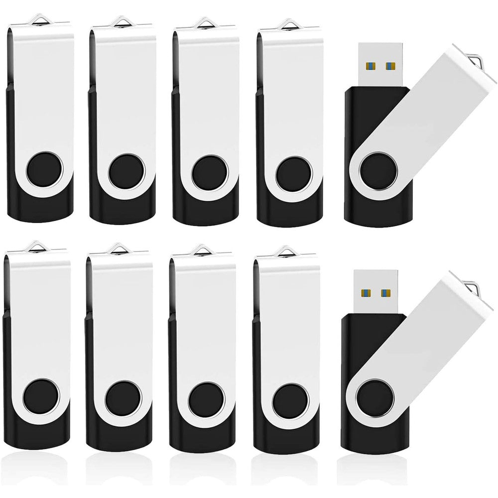 Kootion 10 Pack 32GB USB 3.0 Flash Drive front view showing ten black swivel thumb drives arranged neatly.