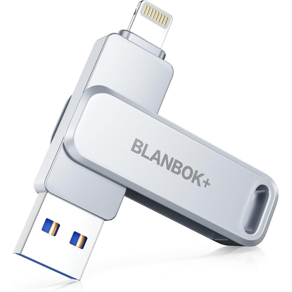 BLANBOK+ MFi Certified 128GB iPhone photo stick front view showing sleek metallic swivel body design.