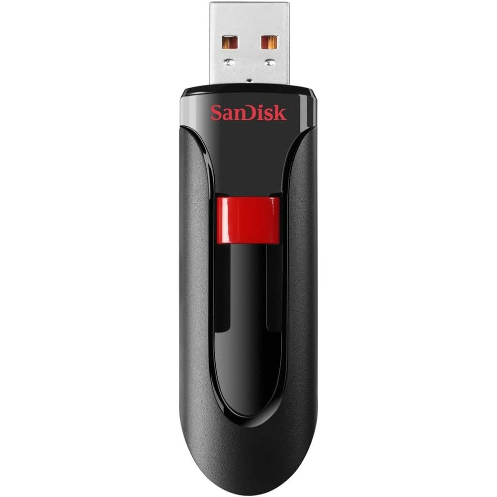 SanDisk Cruzer Glide 256GB USB 3.0 flash drive front view showcasing the black body and red retractable slider button.