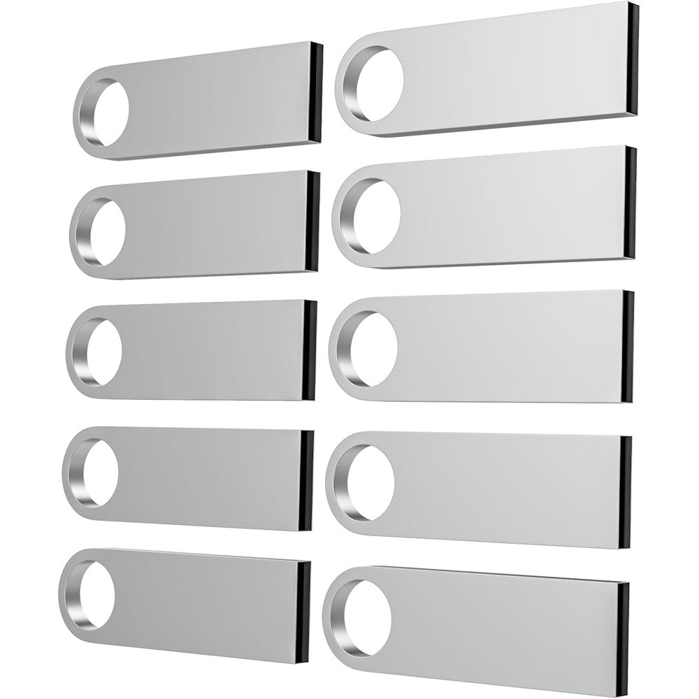 ABLAZE 32GB USB Flash Drive 10 Pack front view showing ten silver metal thumb drives arranged neatly.