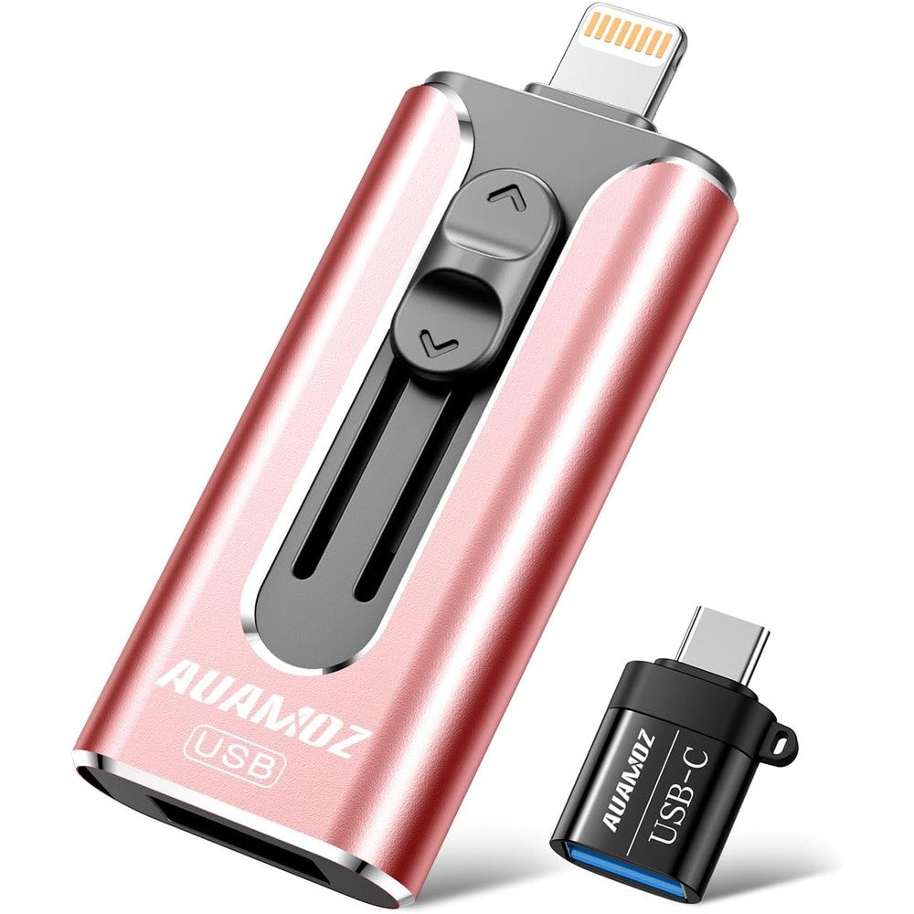 AUAMOZ 512GB iPhone Flash Drive front view showing pink metal casing