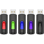 RAOYI 5 Pack 64GB USB Flash Drive front view showing five assorted colors with retractable sliders