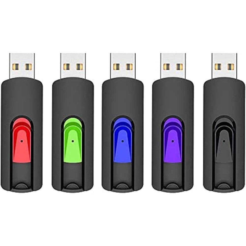 RAOYI 5 Pack 64GB USB Flash Drive front view showing five assorted colors with retractable sliders