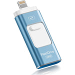 ROSPE Apple MFi Certified 128GB iPhone flash drive front view showing metallic blue casing