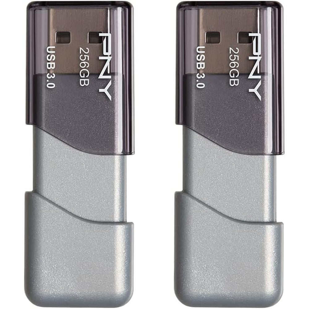 PNY Turbo Attache 3 256GB flash drive front view showcasing the sleek silver sliding collar design.