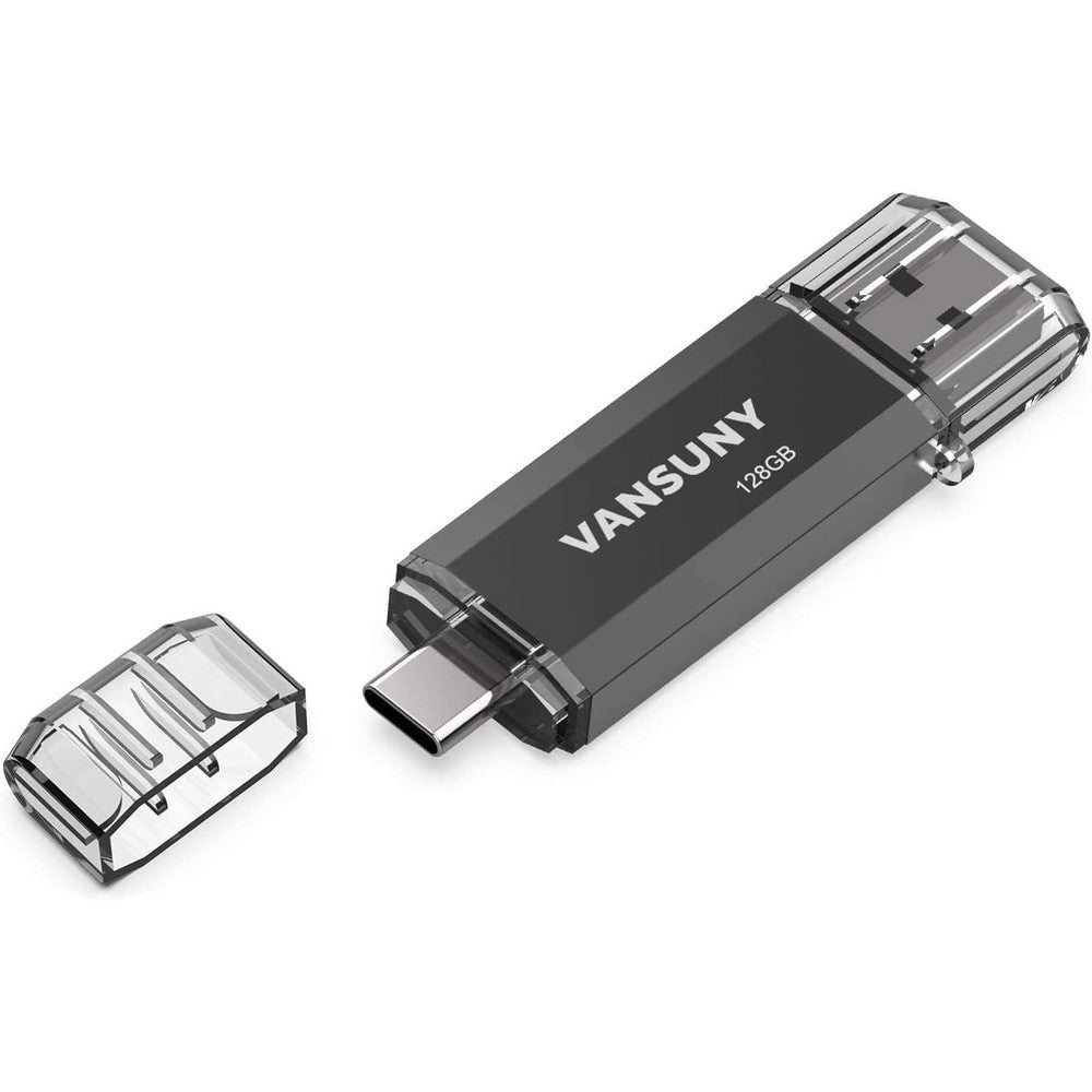 Vansuny 128GB USB Type C dual interface flash drive front view showcasing the metallic swivel design.