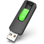 Aiibe 128GB USB flash drive front view showing black casing and green retractable slide switch.
