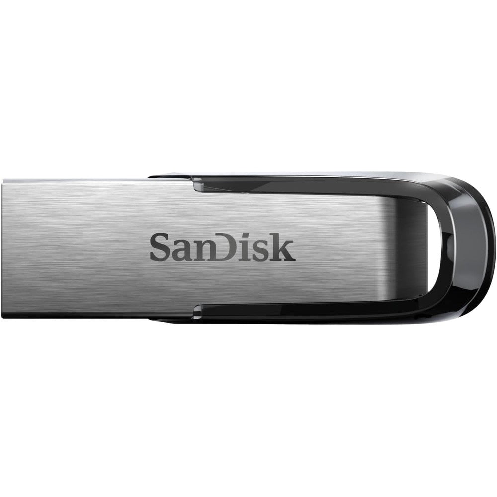 SanDisk Ultra Flair 128GB USB 3.0 flash drive front view showing black accent and metal casing