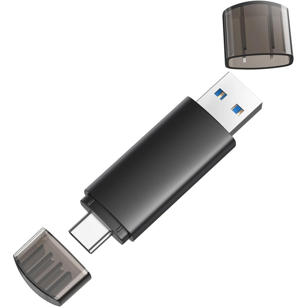 JOIOT dual USB C flash drive 128GB black front view showing both type-C and type-A connectors uncovered.