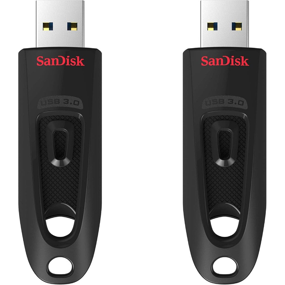 SanDisk Ultra USB 3.0 Flash Drive 2-pack retail front view showing black casing