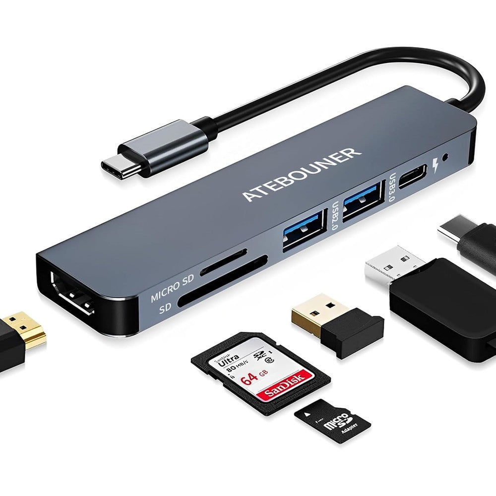 ATEBOUNER MacBook USB-C Multiport Hub Adapter front view showing aluminum construction and modern space gray sleek finish
