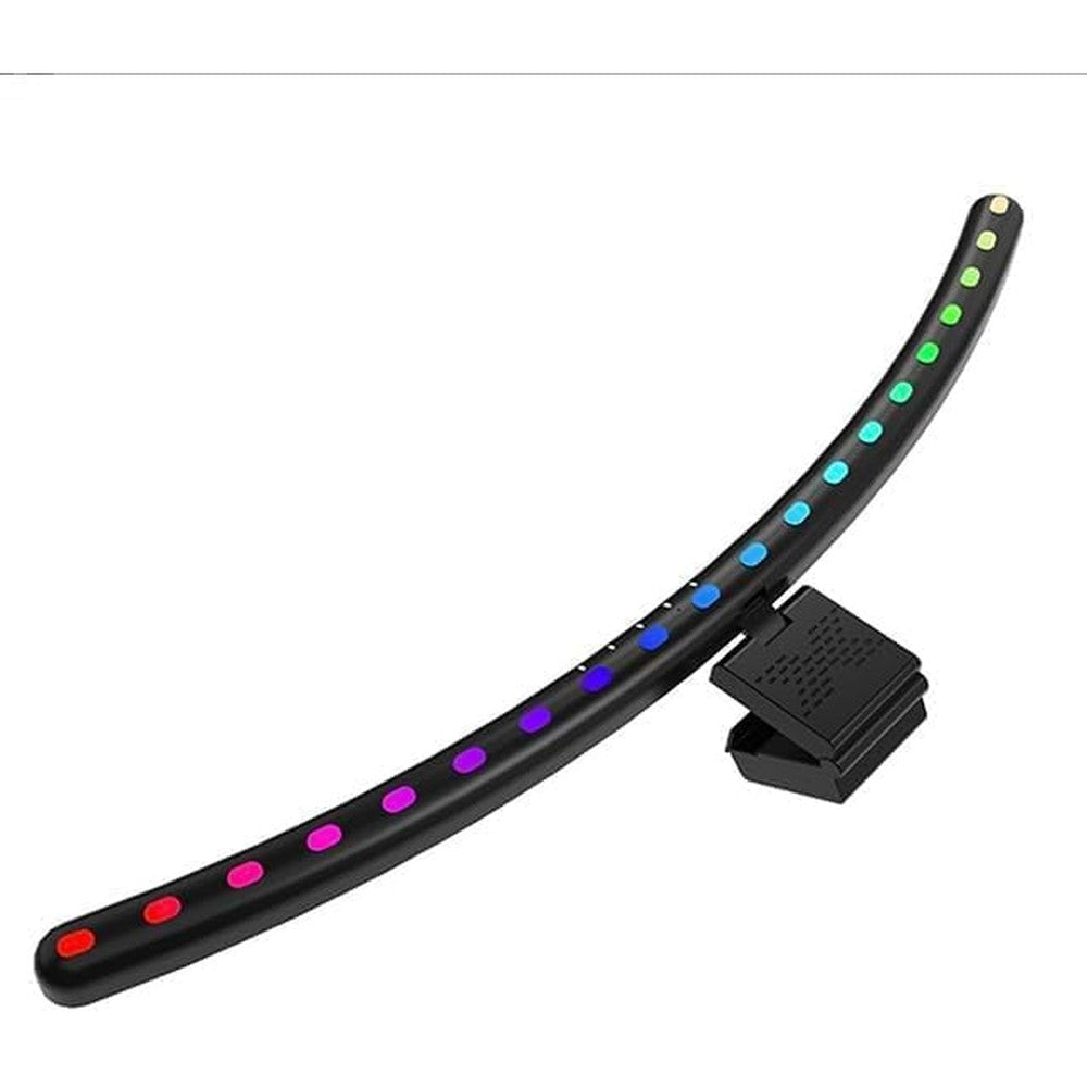And-L RGB Music Sync Monitor Light Bar front view mounted on a curved computer screen illuminating a clean gaming desk setup.