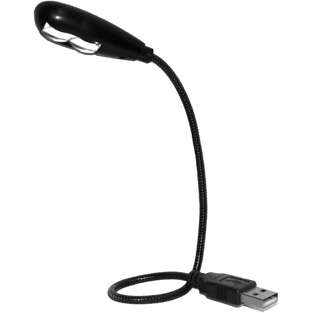 i2 Gear USB Reading Lamp front view showcasing the black dual LED light head and flexible gooseneck connected to a laptop