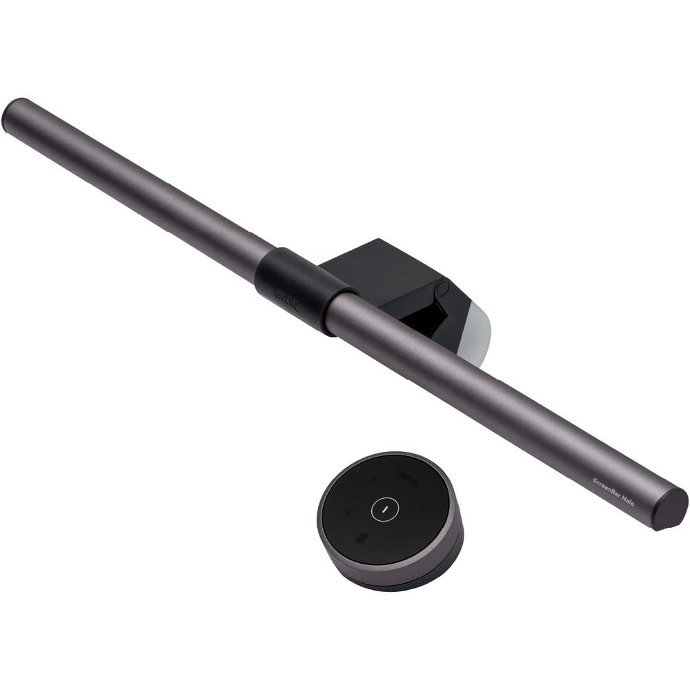 BenQ ScreenBar Halo LED Monitor Light Bar front view showing matte grey finish and asymmetric lens design