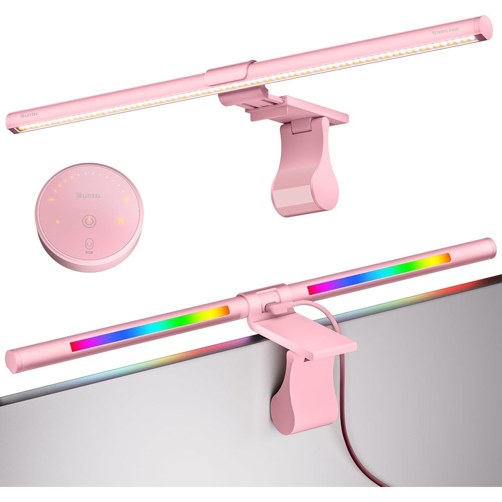 Quntis pink RGB monitor light bar front view on computer screen
