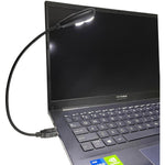 Kyfreshpower flexible LED USB reading lamp front view plugged into a laptop keyboard