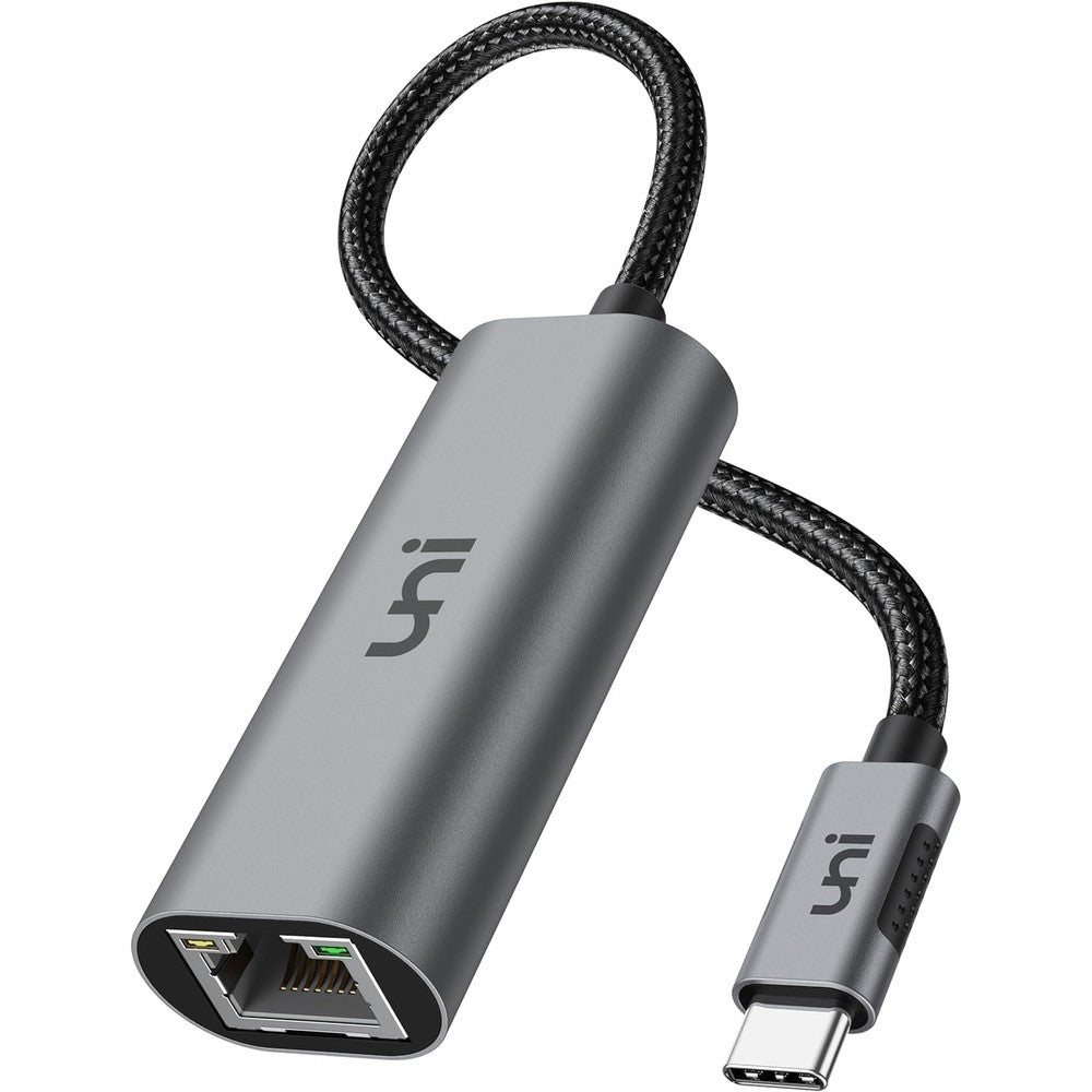 Uni USB-C to Ethernet adapter front view showing aluminum casing and RJ45 port.