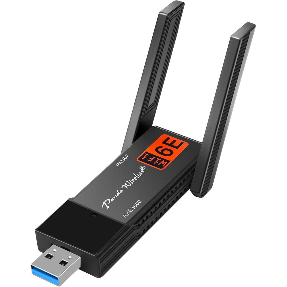 Panda Wireless PAU0F AXE3000 WiFi 6E USB 3.0 adapter front view showing dual adjustable antennas