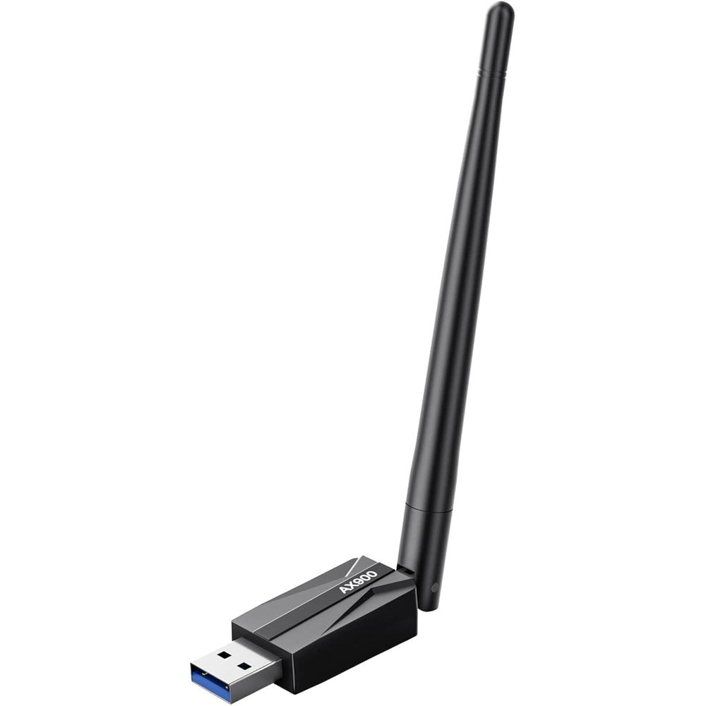 LIVINGTHING AX900 Wi-Fi 6 wireless USB adapter front view showing black casing and high gain antenna.