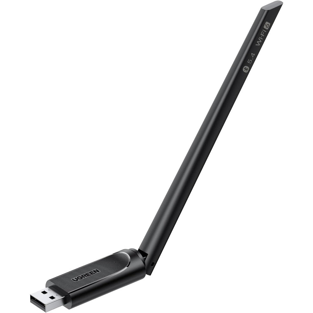 UGREEN 2-in-1 USB Bluetooth WiFi 6 Adapter front view showing the sleek black USB dongle and its adjustable high-gain antenna.