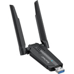 BrosTrend AXE3000 Linux WiFi Adapter front view showing the sleek black USB dongle body and dual adjustable high-gain antennas.