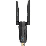 BrosTrend BE6500 USB WiFi 7 Adapter front view displaying dual external antennas and sleek black chassis.