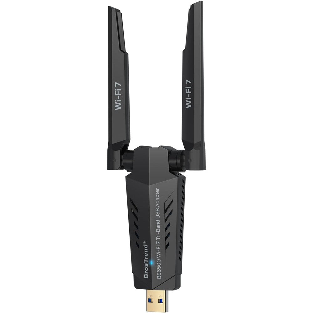 BrosTrend BE6500 USB WiFi 7 Adapter front view displaying dual external antennas and sleek black chassis.