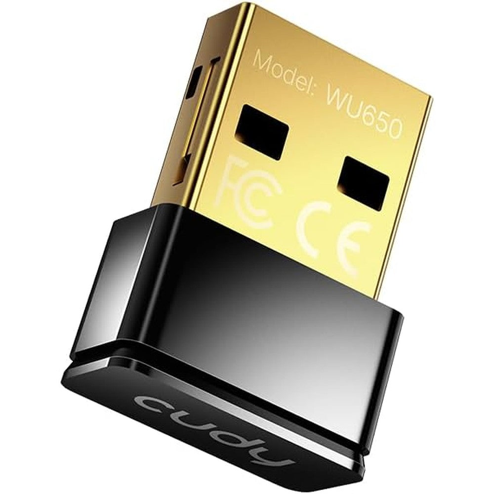 Cudy AC650 dual band wireless USB WiFi adapter front view showcasing the ultra compact nano size shell design.