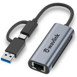 Wavlink USB Type C to Ethernet adapter front view showing aluminum body.