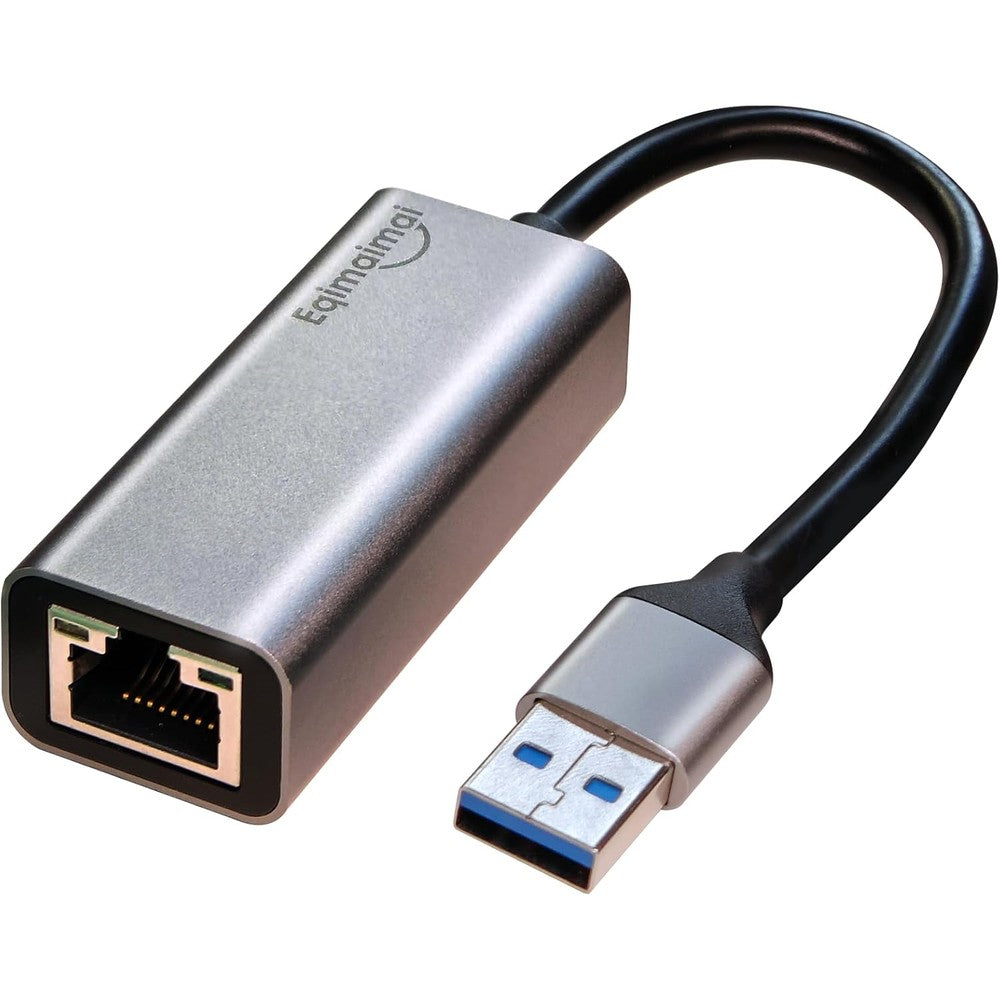 Eqimaimai USB A to Gigabit Ethernet adapter front view showing the premium gray aluminum alloy casing.