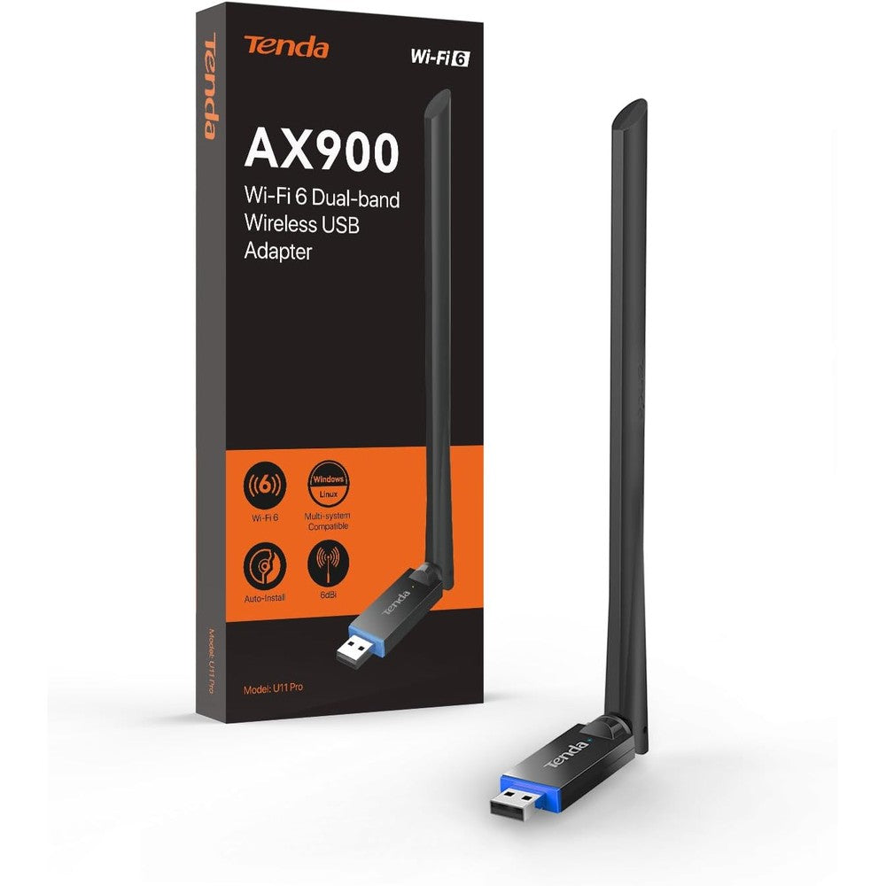 Tenda AX900 Wi-Fi 6 wireless adapter front view highlighting the high-gain antenna.