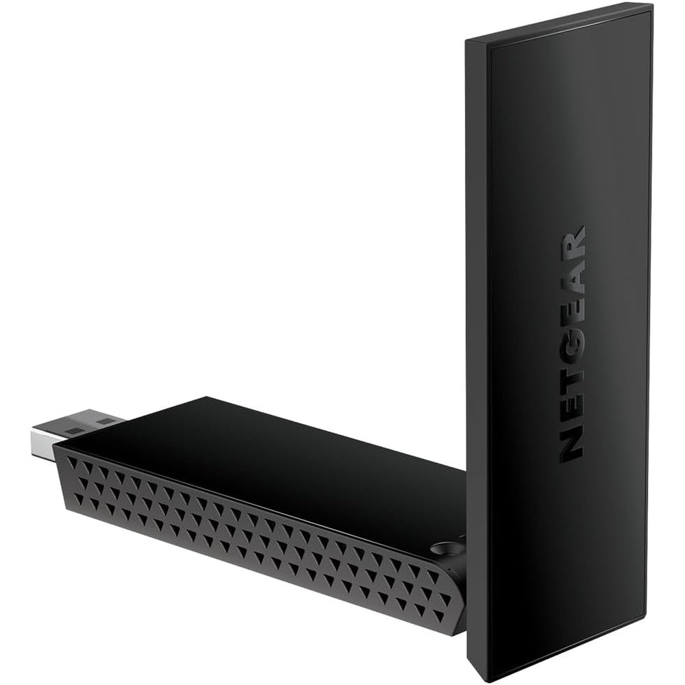 Netgear Nighthawk WiFi 6 USB adapter front view showing sleek black design and adjustable antenna for desktop PC upgrade.