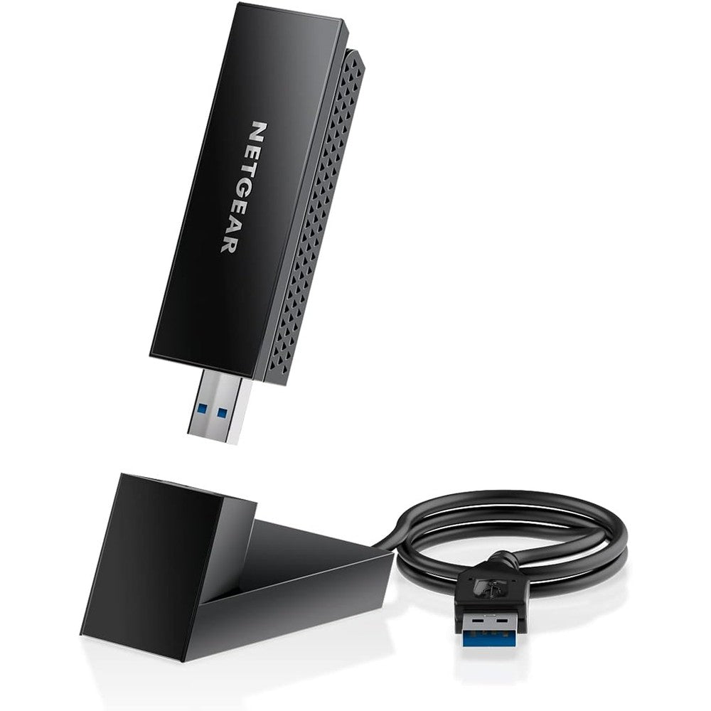 NETGEAR Nighthawk WiFi 6E USB 3.0 Adapter front view displaying its black geometric high tech design and flippable high gain antenna.