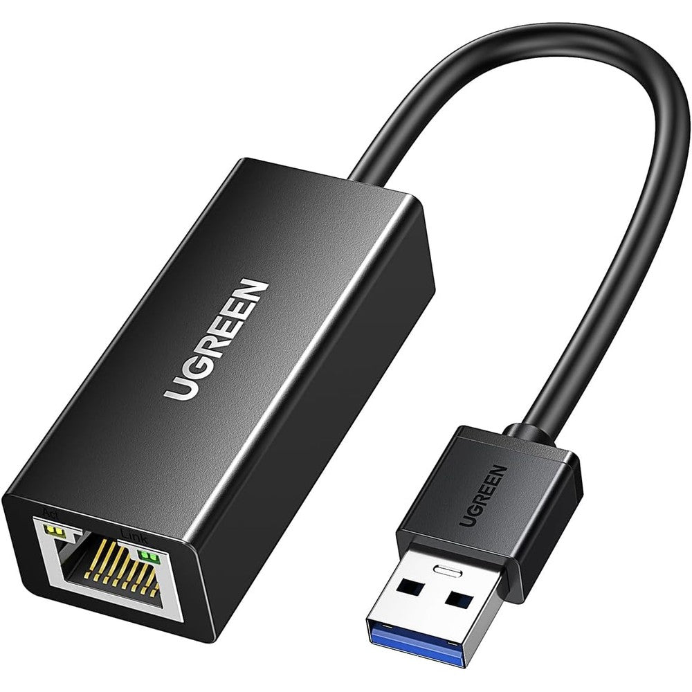 UGREEN USB to Ethernet adapter front view showcasing the sleek black compact design for high speed internet.