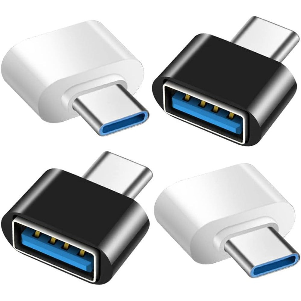 Mepsies USB C to USB Adapter four pack front view showing premium black and white finishes.