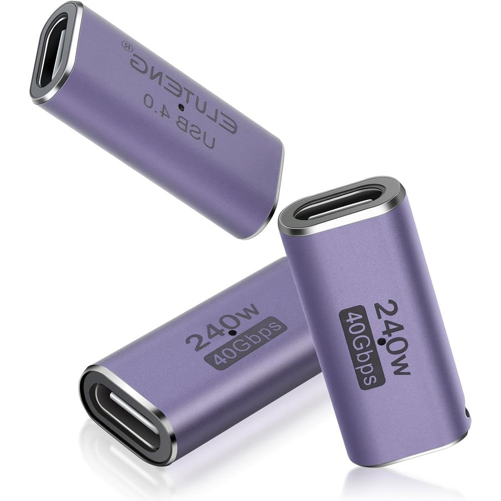 ELUTENG 3 Pack USB C Female to Female Adapter front view showing premium purple aluminum alloy build.