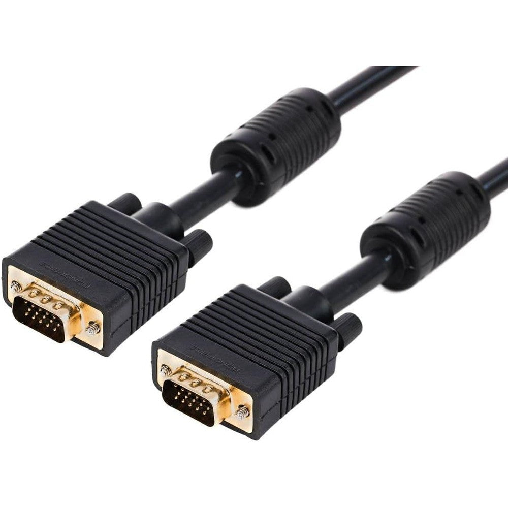 Monoprice 6 Feet SVGA Super VGA Monitor Cable front view showcasing gold plated male connectors.
