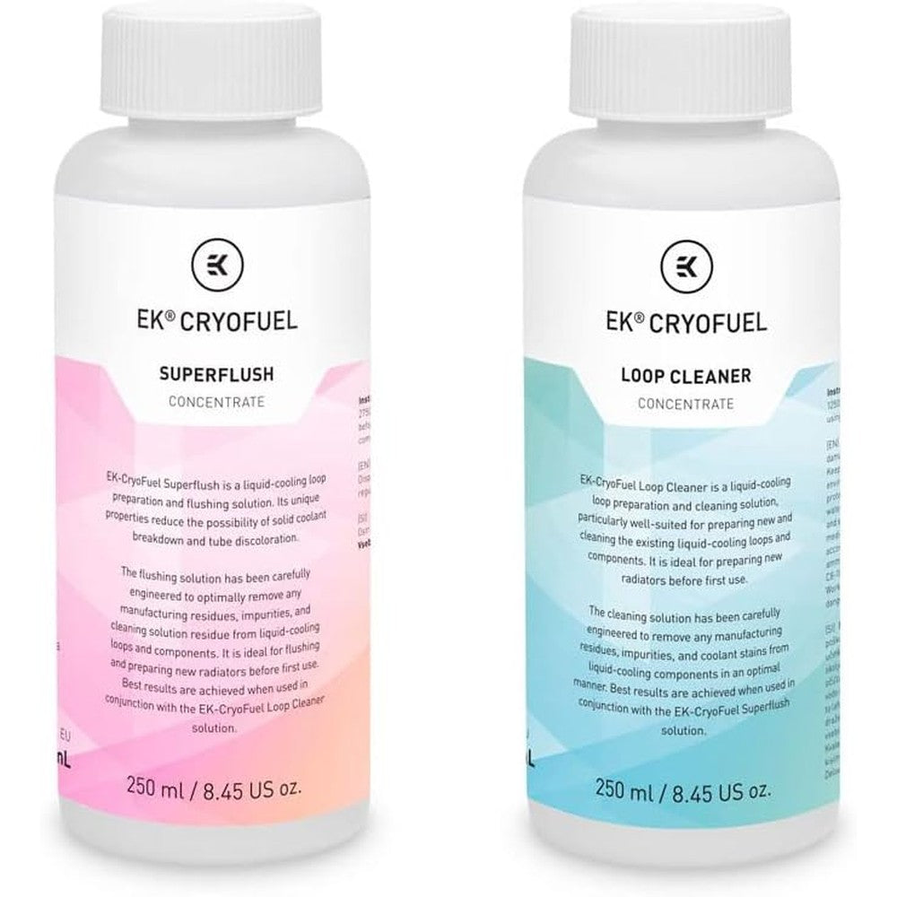 EKWB EK-CryoFuel Loop Cleaner and Superflush Concentrate twin pack front view premium PC liquid cooling maintenance kit