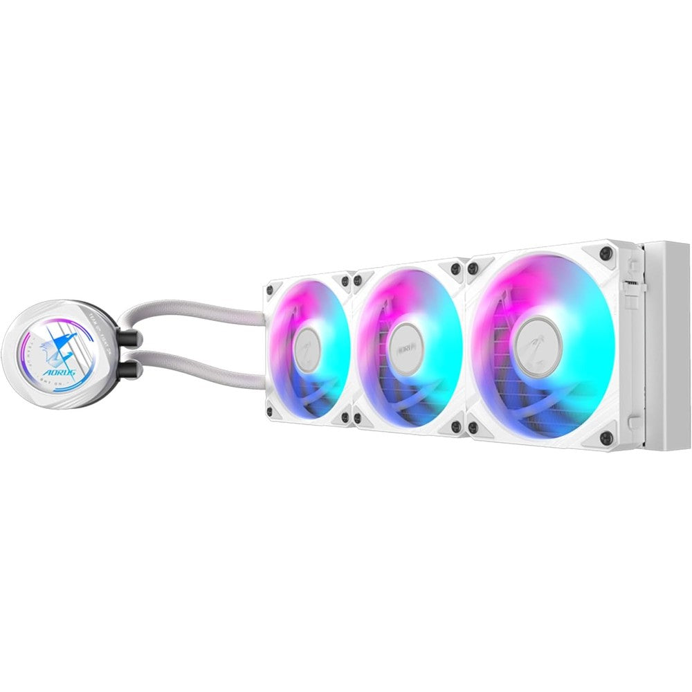 GIGABYTE AORUS WATERFORCE II 360 ICE Liquid CPU Cooler front view showing the white radiator and three interlocking ARGB fans.