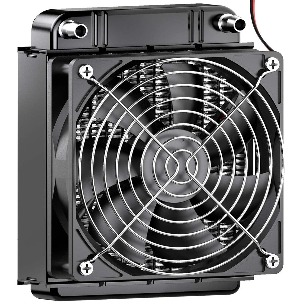 Clyxgs water cooling radiator front view showcasing the eight pipe aluminum heat exchanger and eighty millimeter cooling fan