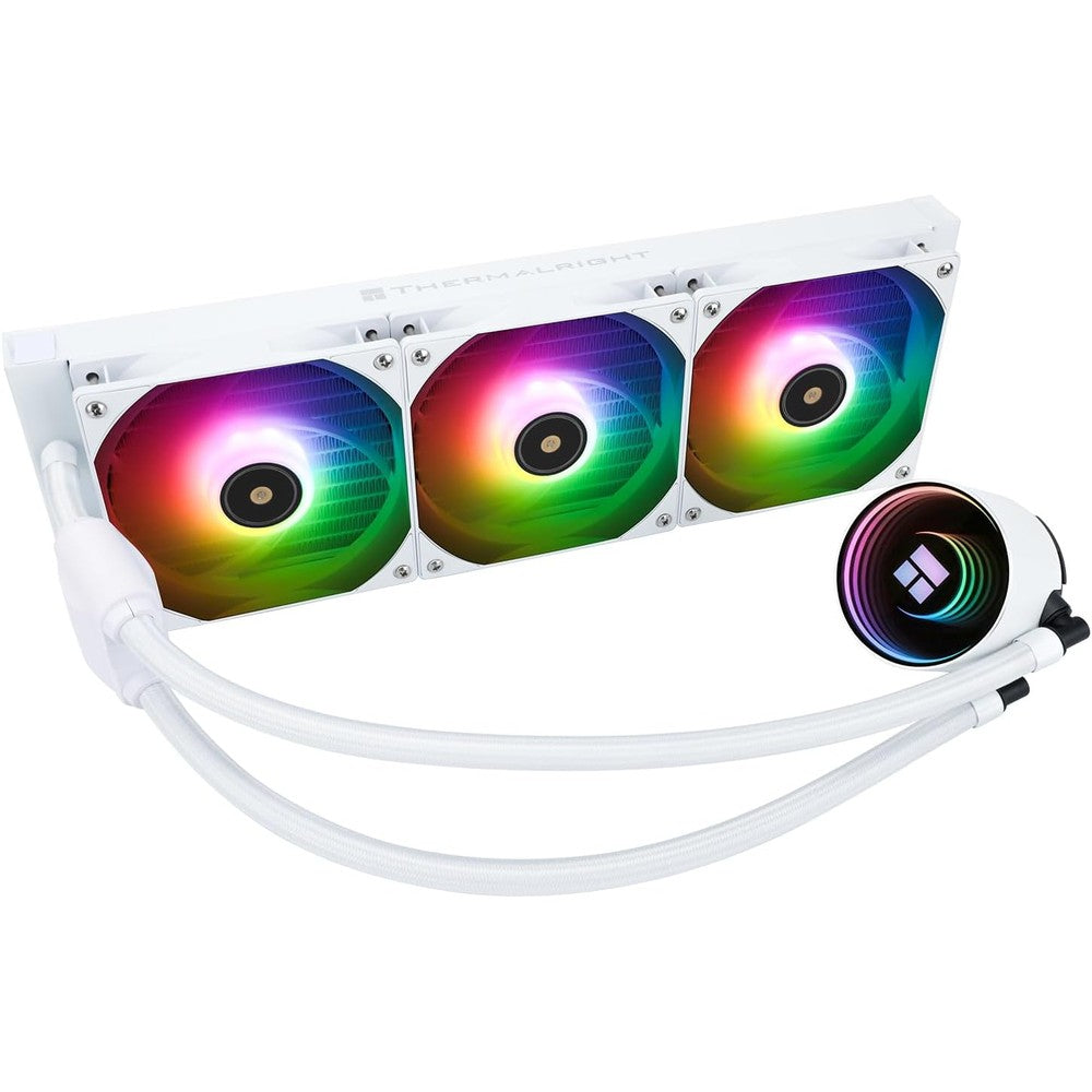 Thermalright Frozen Notte 360 White ARGB liquid CPU cooler front view showing the radiator and three glowing white fans.