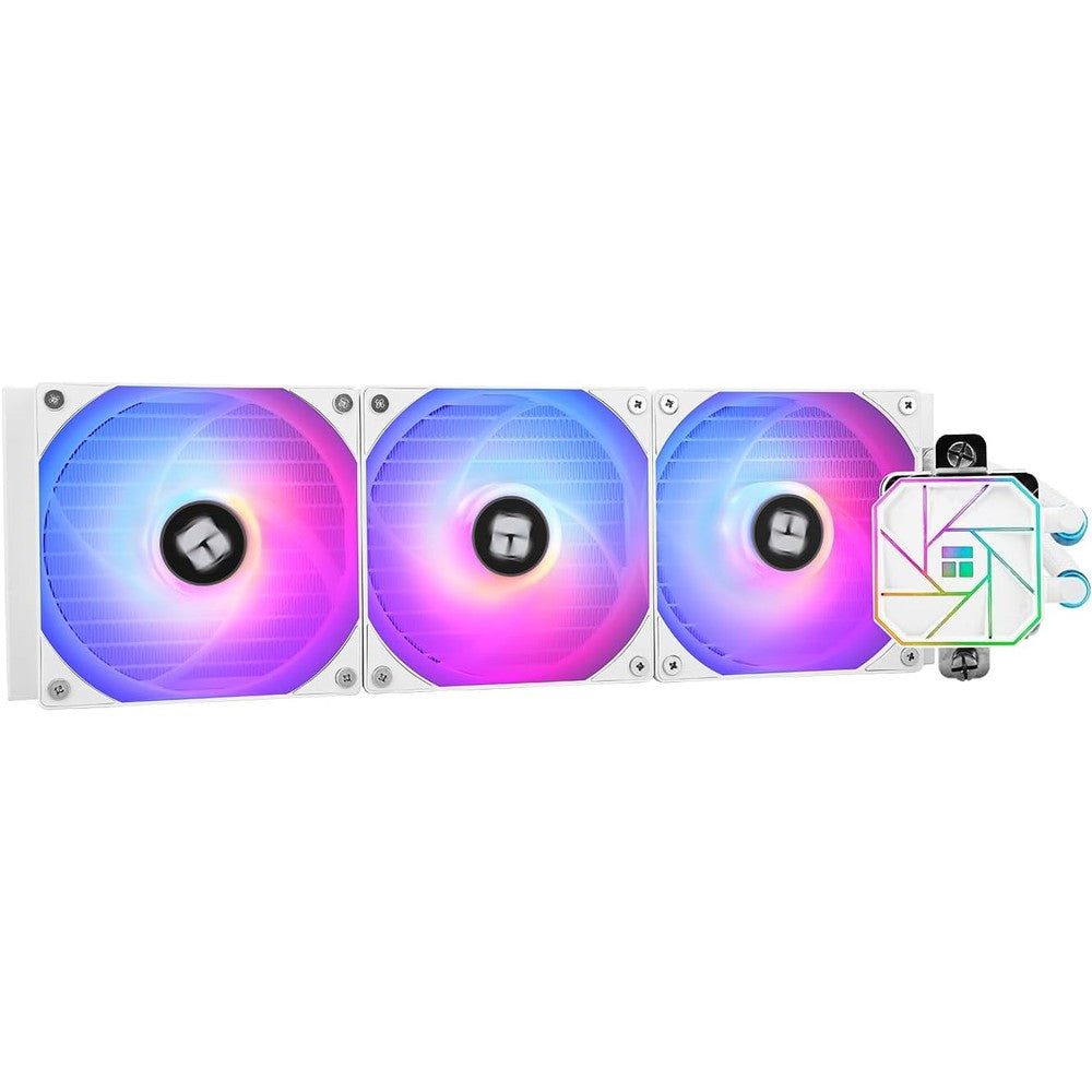Thermalright Aqua Elite 360 White V3 liquid CPU cooler front view showing the 360mm radiator and three fans