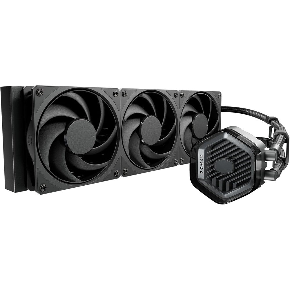 Cooler Master MasterLiquid 360 Atmos Stealth CPU liquid cooler front view showcasing the premium all black radiator and pump block assembly