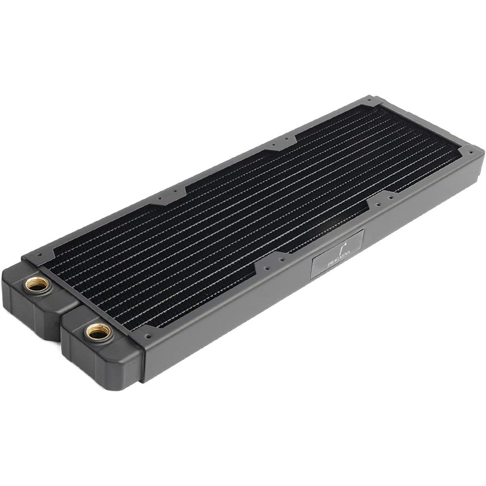 Dracaena 360mm copper PC radiator front view displaying the matte black finish and high-density cooling fins.