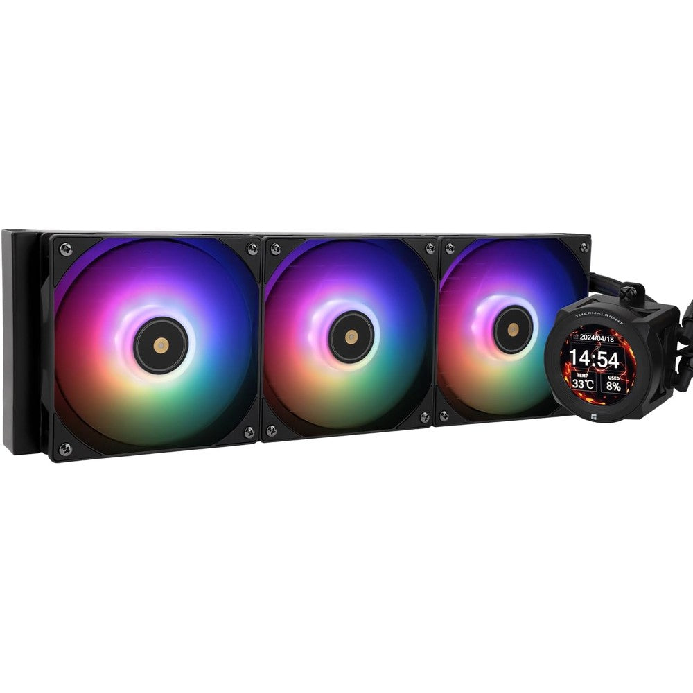 Thermalright CORE Vision 360 Black ARGB CPU Liquid Cooler front view showcasing the 2.1 inch round IPS LCD system monitor display screen and triple 120mm ARGB fans.