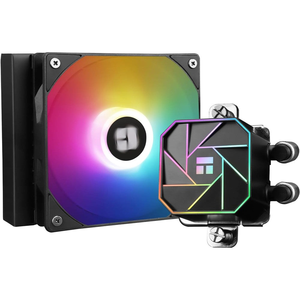 Thermalright Aqua Elite 120 V3 liquid CPU cooler front view showing pump head and pre-installed ARGB fan.