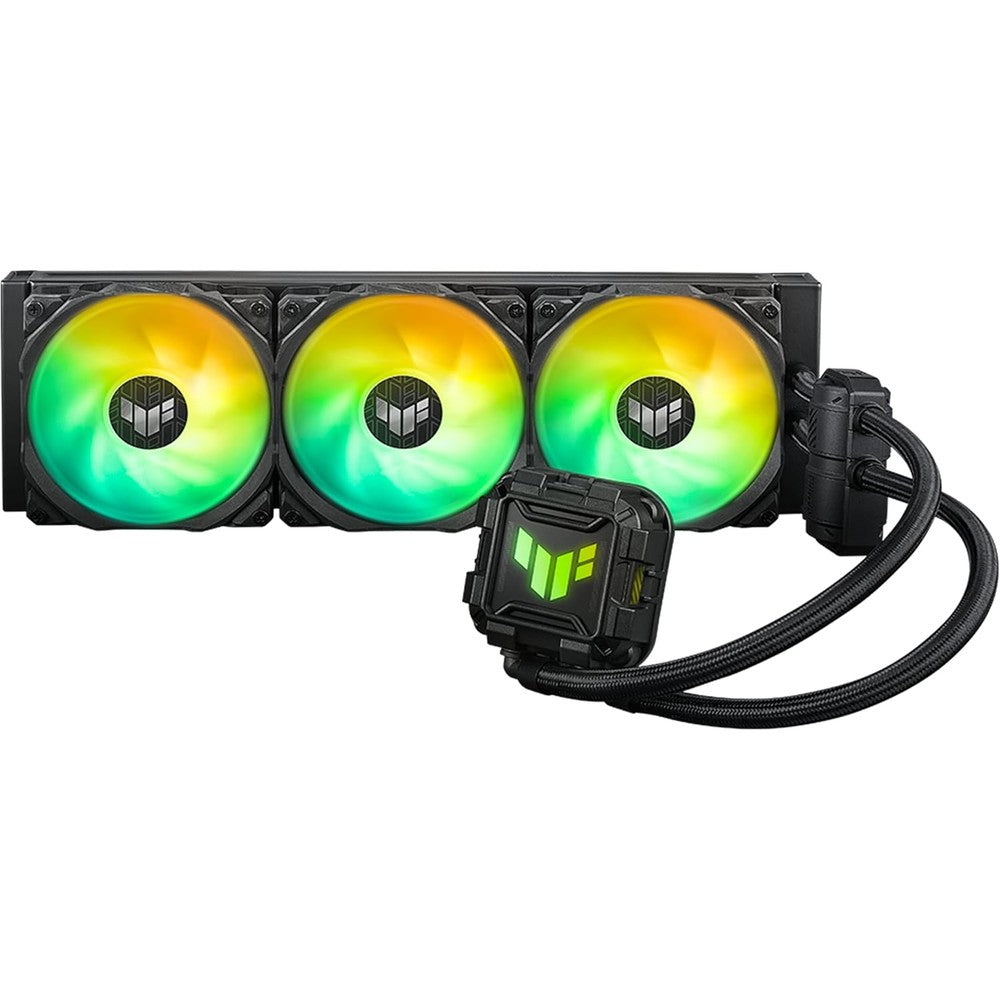 ASUS TUF Gaming LC II 360 ARGB liquid CPU cooler front view showing the three 120mm fans and pump head lighting