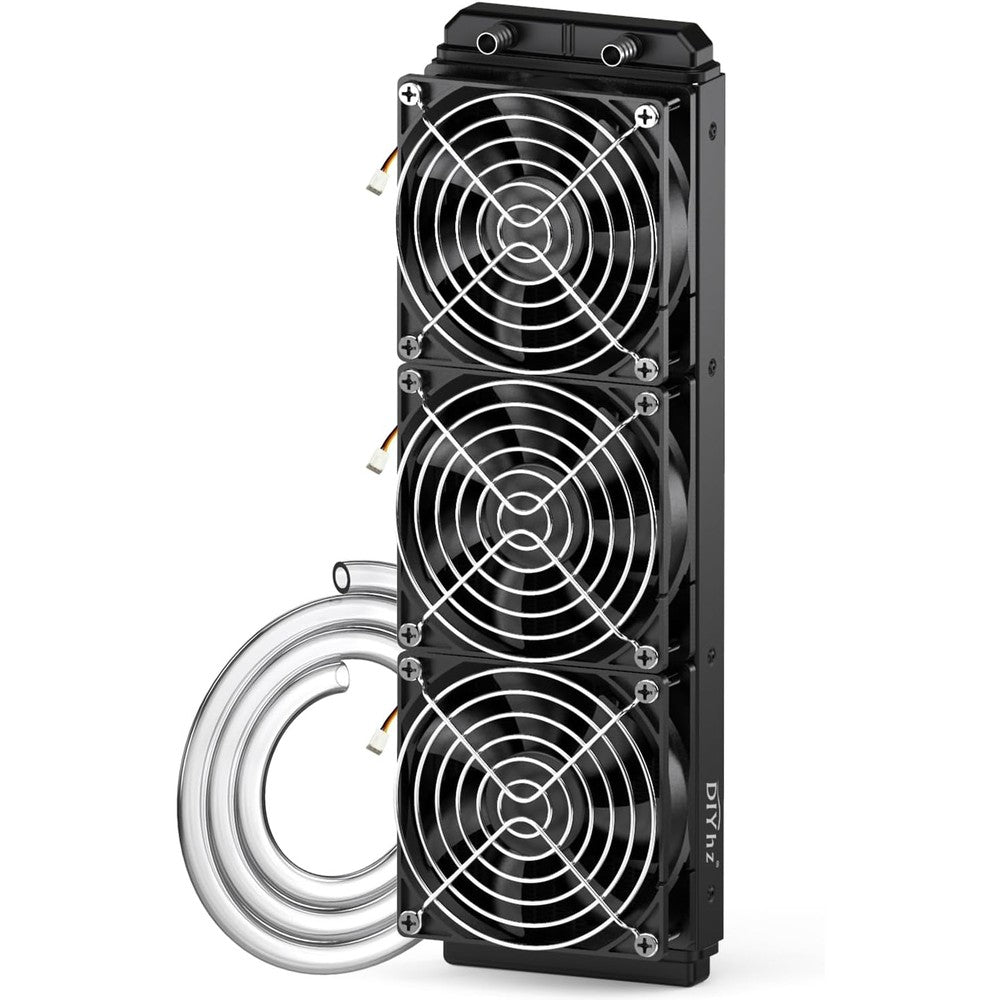 DIYhz water cooling computer radiator front view showing 12 pipe aluminum heat exchanger design