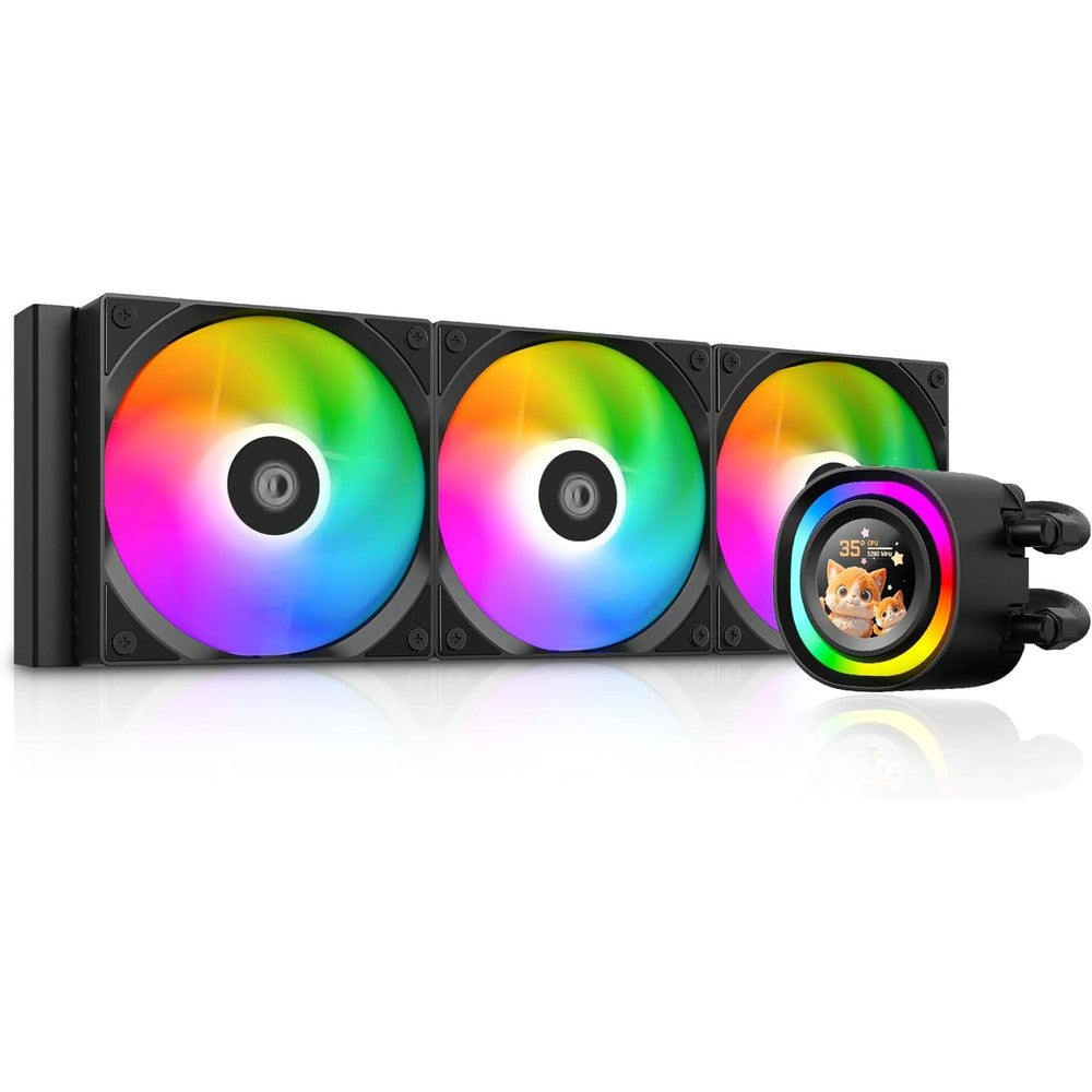 ID-COOLING FX360 LCD Premium Liquid CPU Cooler front view showcasing the customizable screen on the pump head